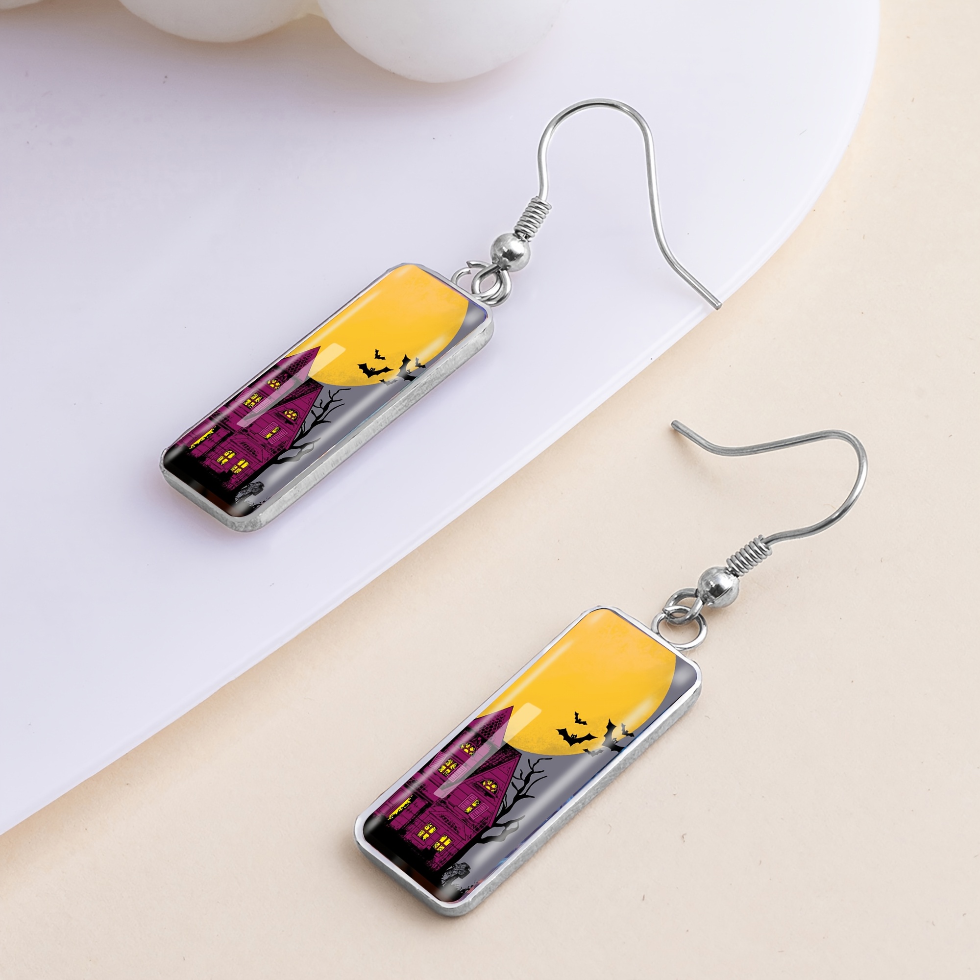 Halloween Castle Pattern Stainless Steel Long Earrings, Unisex